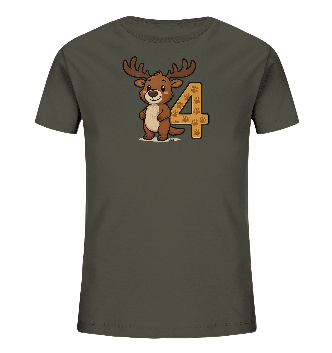 Onlineshop Shirts fuer Kinder - Das Bild zeigt ein dunkelgraues Kinder-T-Shirt mit einem niedlichen Cartoon-Rentier auf der Vorderseite. Das Rentier steht laechelnd neben der grossen Zahl '4'. Die Zahl '4' ist mit einem Muster aus kleinen Pfotenabdruecken gefuellt, was dem Design eine verspielte Note verleiht. Dieses Motiv ist ideal fuer kleine Tierfreunde.