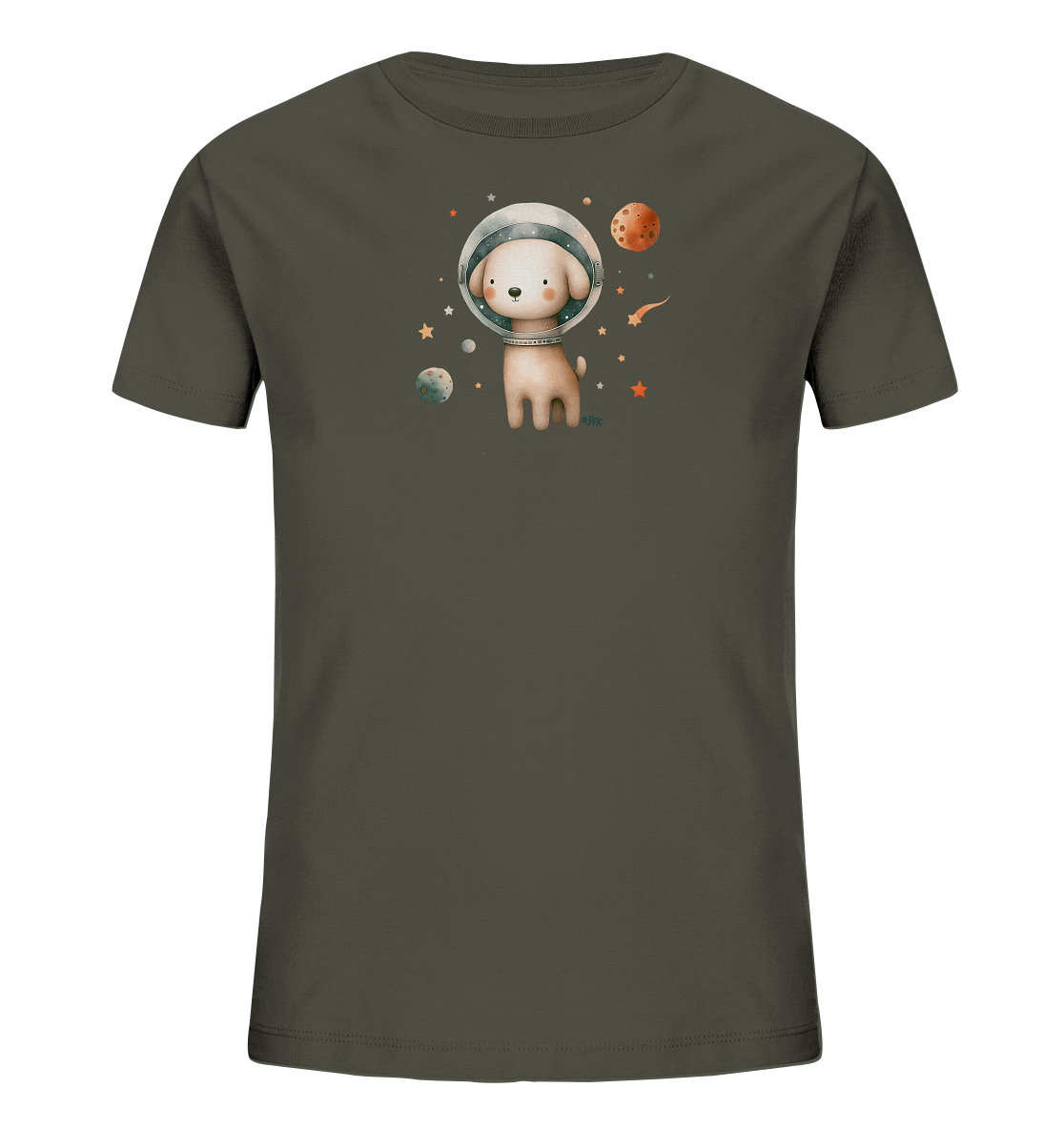 Onlineshop Shirts fuer Kinder - Das Bild zeigt ein dunkelolivgruenes Kinder-T-Shirt mit einem Weltraum-Motiv. Auf der Vorderseite ist ein niedlicher Cartoon-Hund mit einem Raumfahrerhelm abgebildet. Um den Hund herum sind Sterne, Planeten und Sternschnuppen in warmen Farbtoenen dargestellt. Das Design ist verspielt und ideal fuer kleine Entdecker.