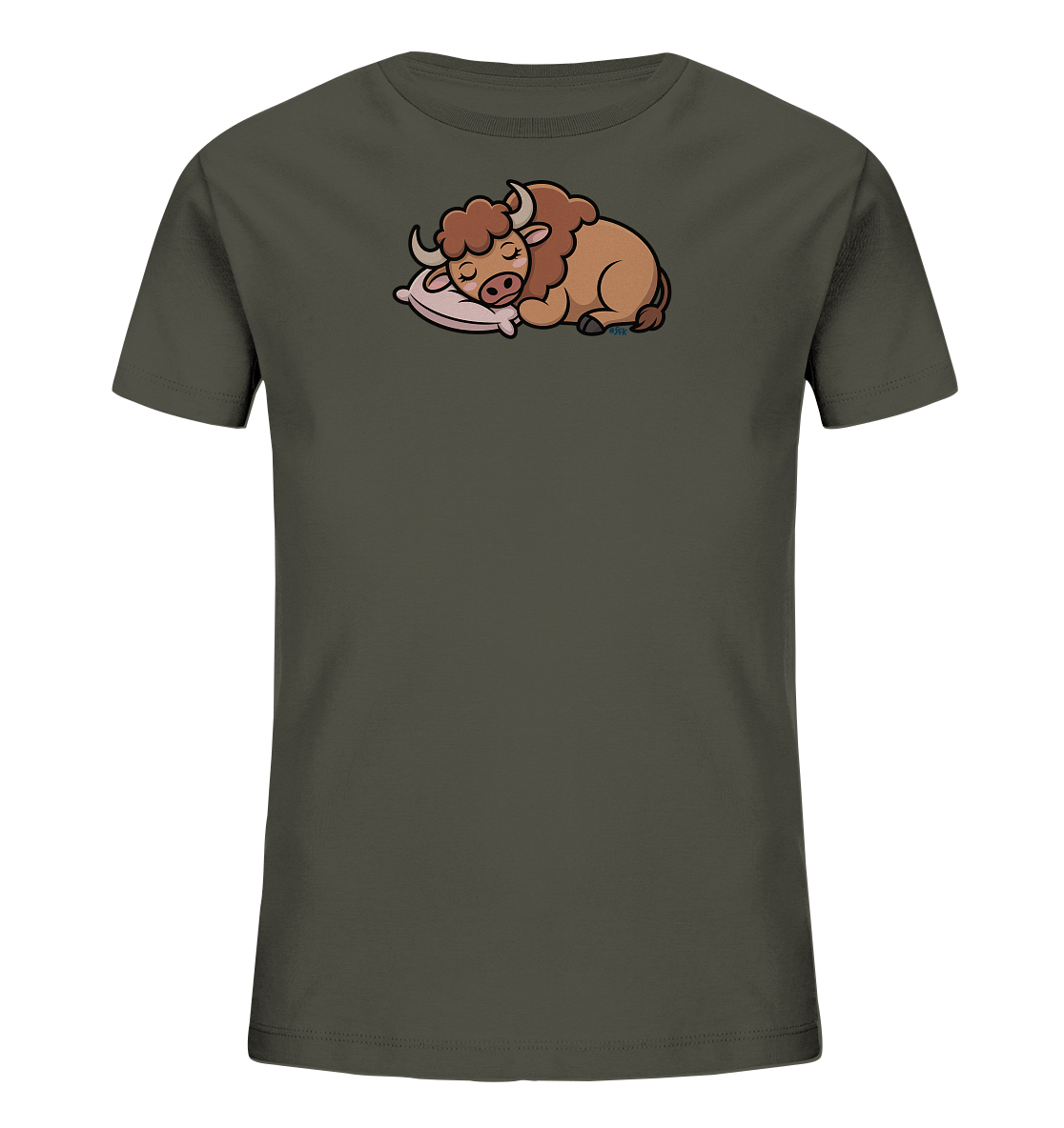 Onlineshop Shirts fuer Kinder - Das Bild zeigt ein dunkelgruenes Kinder-T-Shirt mit einem niedlichen Tiermotiv auf der Vorderseite. Es ist ein cartoonhaftes, braunes Bison, das auf einem hellrosa Kissen liegt und zu schlafen scheint. Das Design wirkt beruhigend und verspielt. Das T-Shirt ist schlicht gehalten, um das Motiv hervorzuheben.