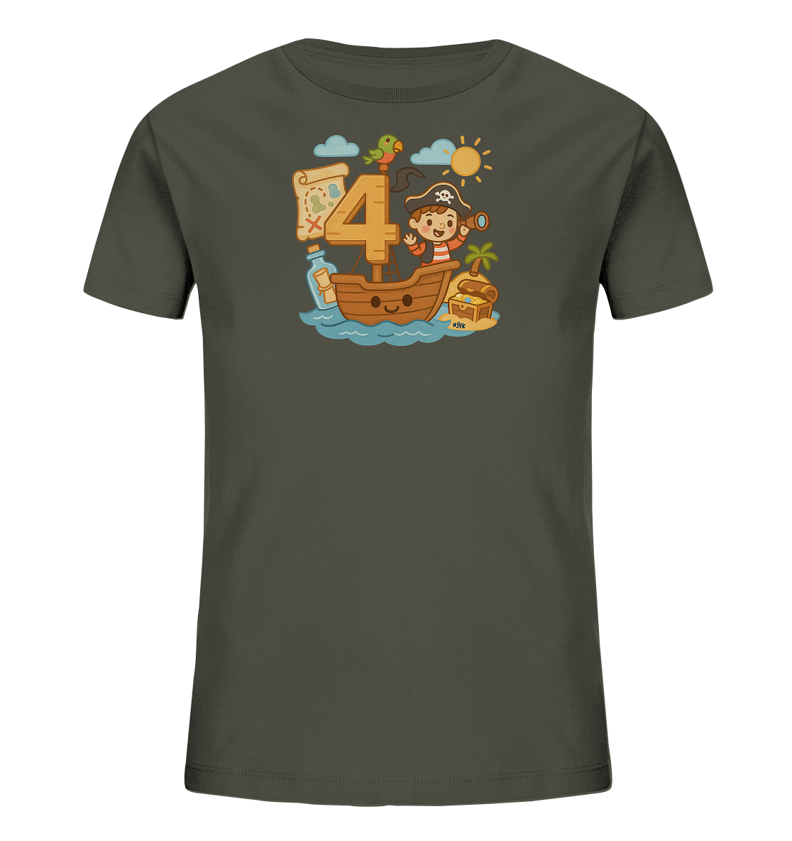 Onlineshop Shirts fuer Kinder - Dieses T-Shirt zeigt ein lustiges Piratenmotiv mit einer grossen gelben Zahl Vier. Das Design umfasst ein kleines Boot mit einem darauf stehenden Piratenkind, einem Papagei, einer Schatzkarte und einer Schatzkiste. Weitere Details wie Wellen, Wolken und die Sonne vervollstaendigen die Szene. Die Grafik ist farbenfroh und kindgerecht gestaltet.