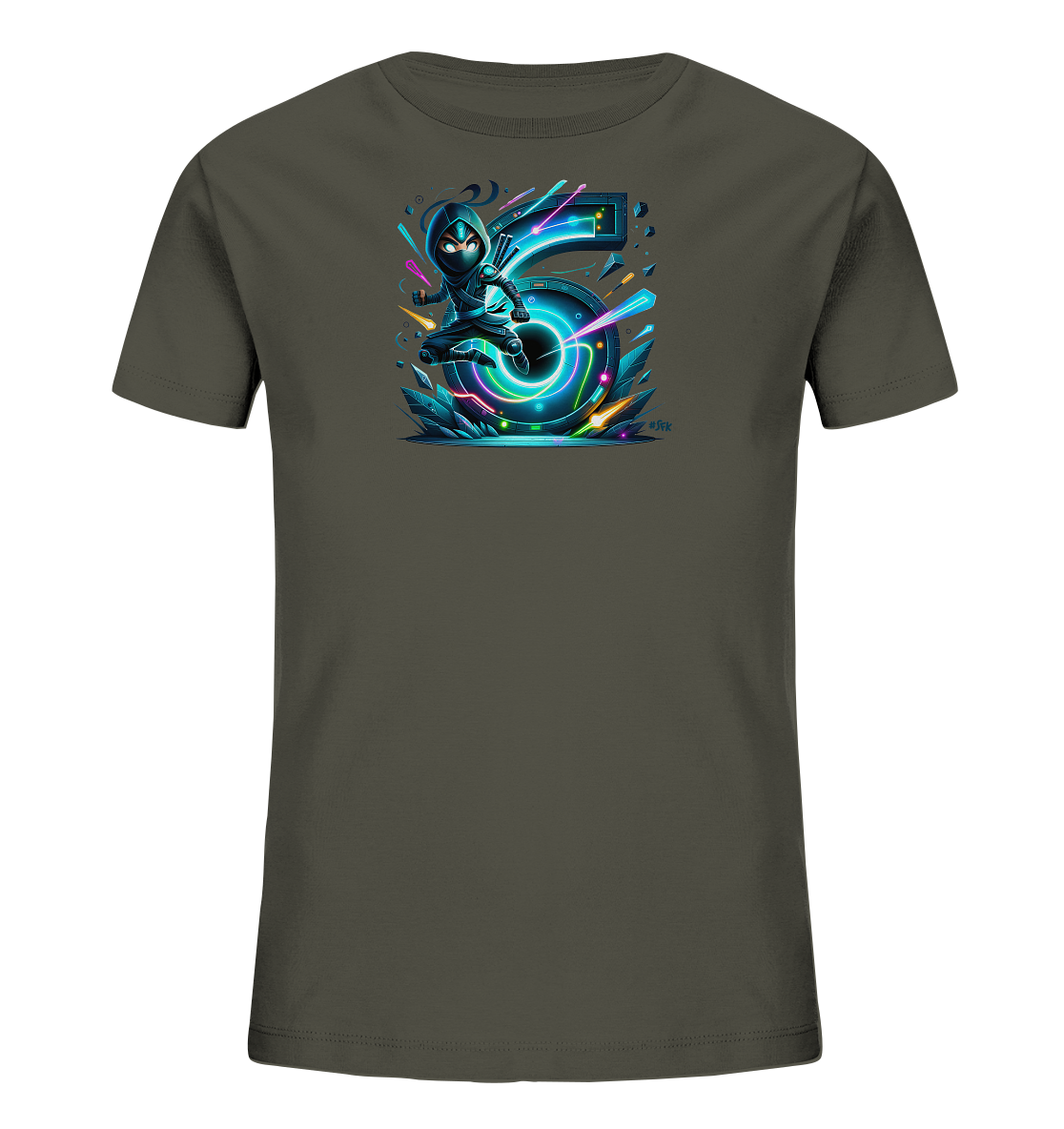 Onlineshop Shirts fuer Kinder - Das Bild zeigt ein dunkelgraues T-Shirt fuer Kinder mit einem dynamischen Motiv. Ein kleiner, stilisierter Ninja springt neben einer grossen, leuchtenden Zahl '6'. Das Design verwendet neonartige Farben und enthaelt geometrische Elemente, was dem Shirt einen modernen Look verleiht. Es ist ein auffaelliges Design, das Action und die Zahl 6 kombiniert.