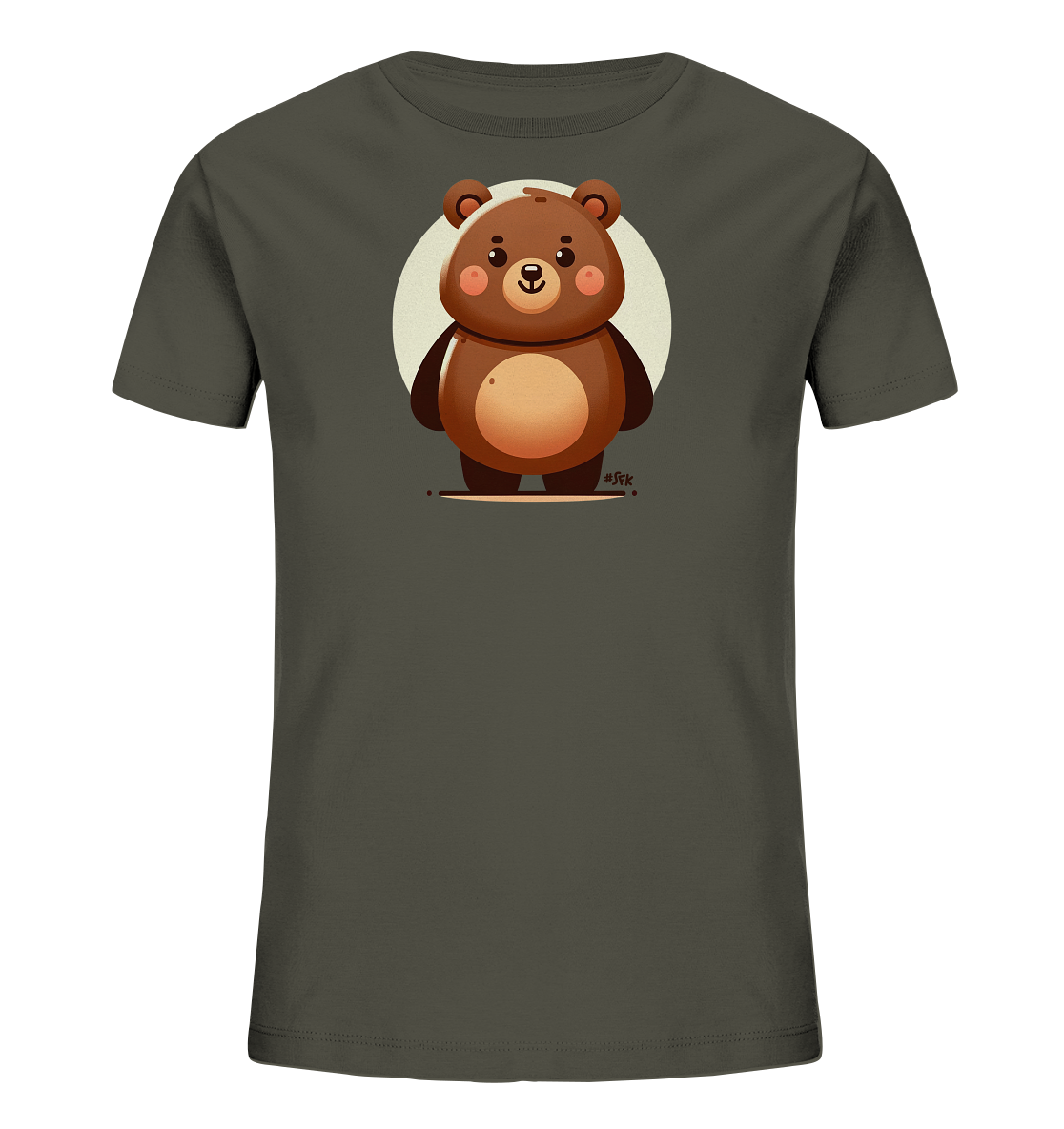Onlineshop Shirts fuer Kinder - Das Bild zeigt ein dunkelgraues T-Shirt fuer Kinder. Auf der Vorderseite ist eine freundliche, cartoonhafte Illustration eines Baeren zu sehen. Der braune Baer mit grossen Augen steht vor einem hellen, runden Hintergrund. Das Motiv verleiht dem Shirt einen niedlichen und verspielten Look.