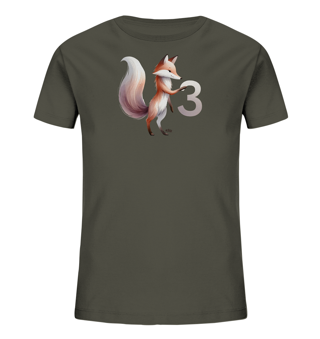 Onlineshop Shirts fuer Kinder - Das Bild zeigt ein dunkelgraues T-Shirt fuer Kinder. Auf der Vorderseite ist eine niedliche Illustration eines Fuchses zu sehen. Der Fuchs steht neben der Zahl '3', die in einem sanften Farbton dargestellt ist. Das Design wirkt verspielt und kindgerecht.