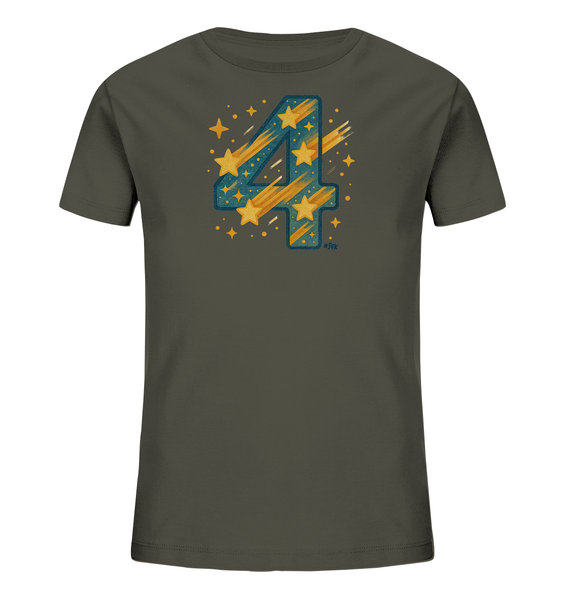 Onlineshop Shirts fuer Kinder - Das Bild zeigt ein dunkelgraues T-Shirt fuer Kinder mit einem grossen Motiv der Zahl '4'. Die '4' ist kreativ gestaltet mit einer blauen Umrandung und gefuellt mit gold-gelben Sternen und Schweifspuren. Zahlreiche kleine Sterne umgeben das zentrale Motiv. Das Design wirkt dynamisch und verspielt, ideal fuer einen besonderen Anlass.