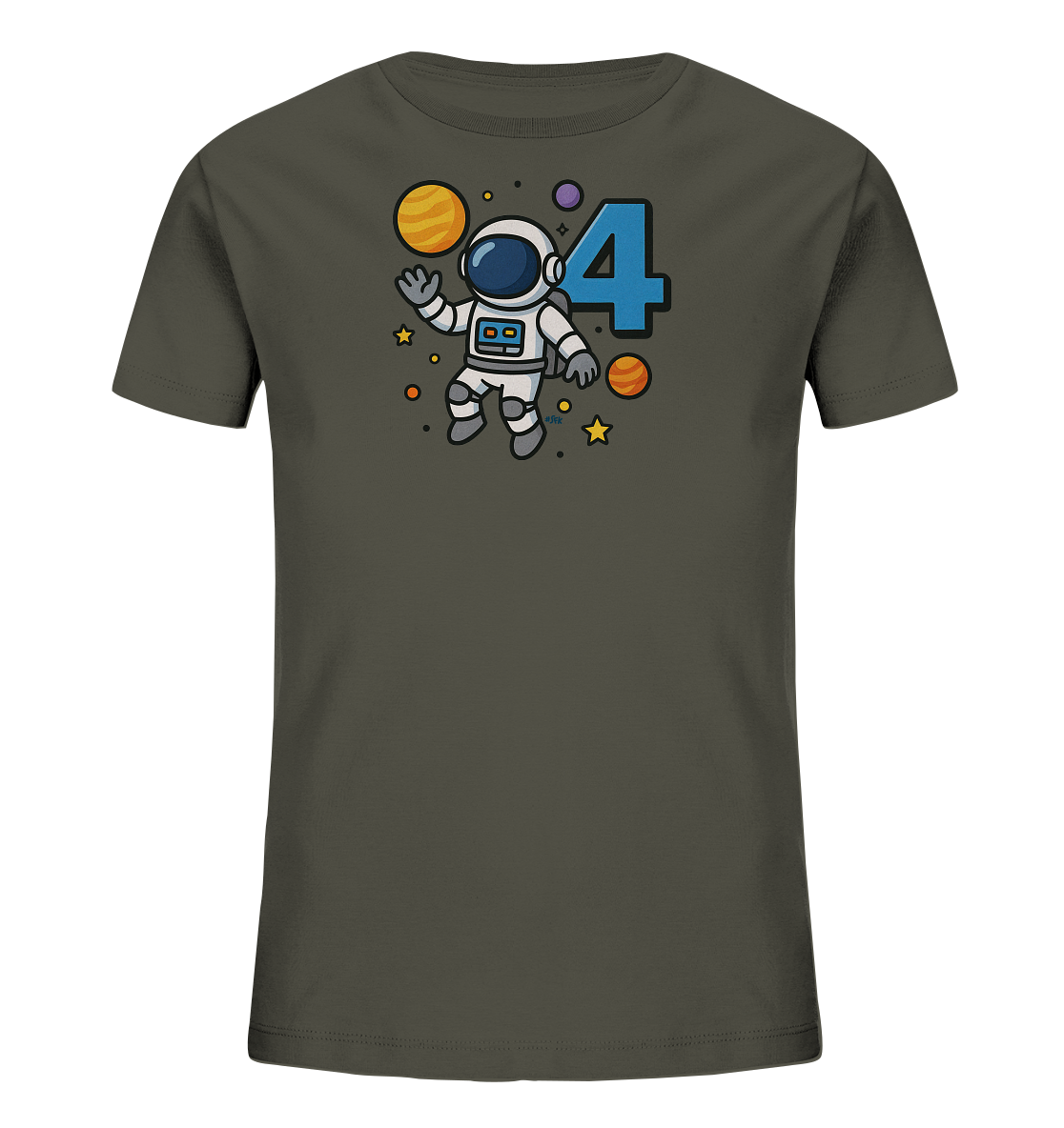 Onlineshop Shirts fuer Kinder - Das Bild zeigt ein dunkelgraues Kinder-T-Shirt mit einem Weltraum-Motiv. Ein freundlicher Astronaut schwebt neben einer grossen blauen Zahl vier, umgeben von Planeten und Sternen. Das farbenfrohe und detailreiche Design ist ideal fuer kleine Weltraum-Fans.