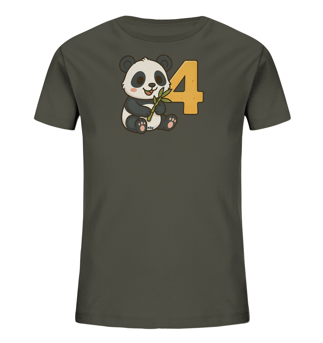 Onlineshop Shirts fuer Kinder - Das Bild zeigt ein Kinder-T-Shirt in einem dunklen Olivgruen. Auf der Vorderseite befindet sich eine niedliche Cartoon-Illustration eines Pandas. Der Panda sitzt und haelt laechelnd einen Bambuszweig in den Pfoten. Direkt neben dem Panda ist die grosse Zahl Vier in orange-gelbem Farbton abgebildet.