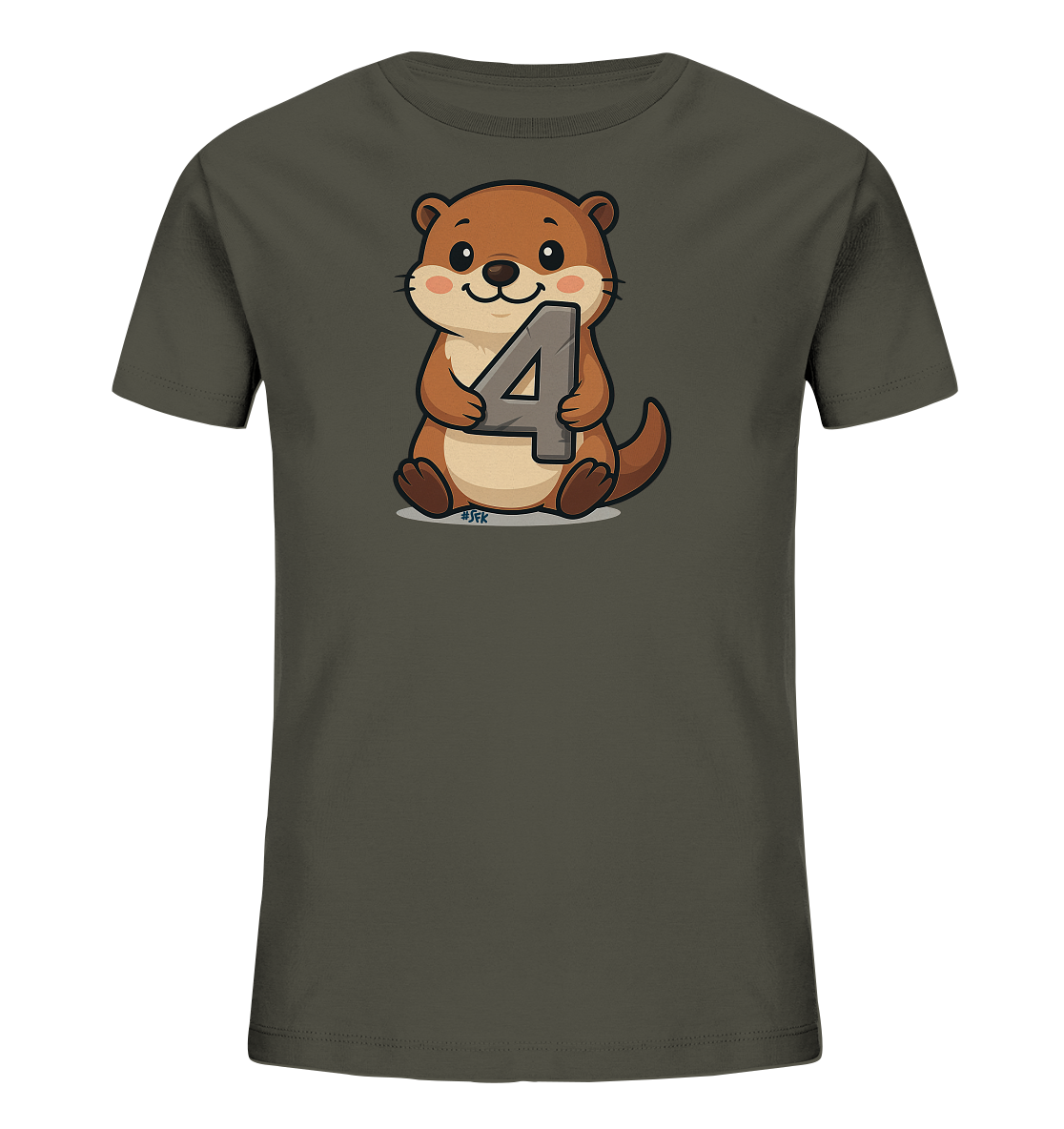 Onlineshop Shirts fuer Kinder - Das Bild zeigt ein T-Shirt fuer Kinder in einem dunklen Grauton mit einem niedlichen Aufdruck. Der Aufdruck zeigt ein cartoonhaftes Tier, das einem Fischotter aehnelt, sitzend und laechelnd. Das Tier haelt eine grosse, graue Zahl Vier, die wie Stein aussieht, in seinen Pfoten. Dieses froehliche Motiv ist ideal fuer kleine Kinder.