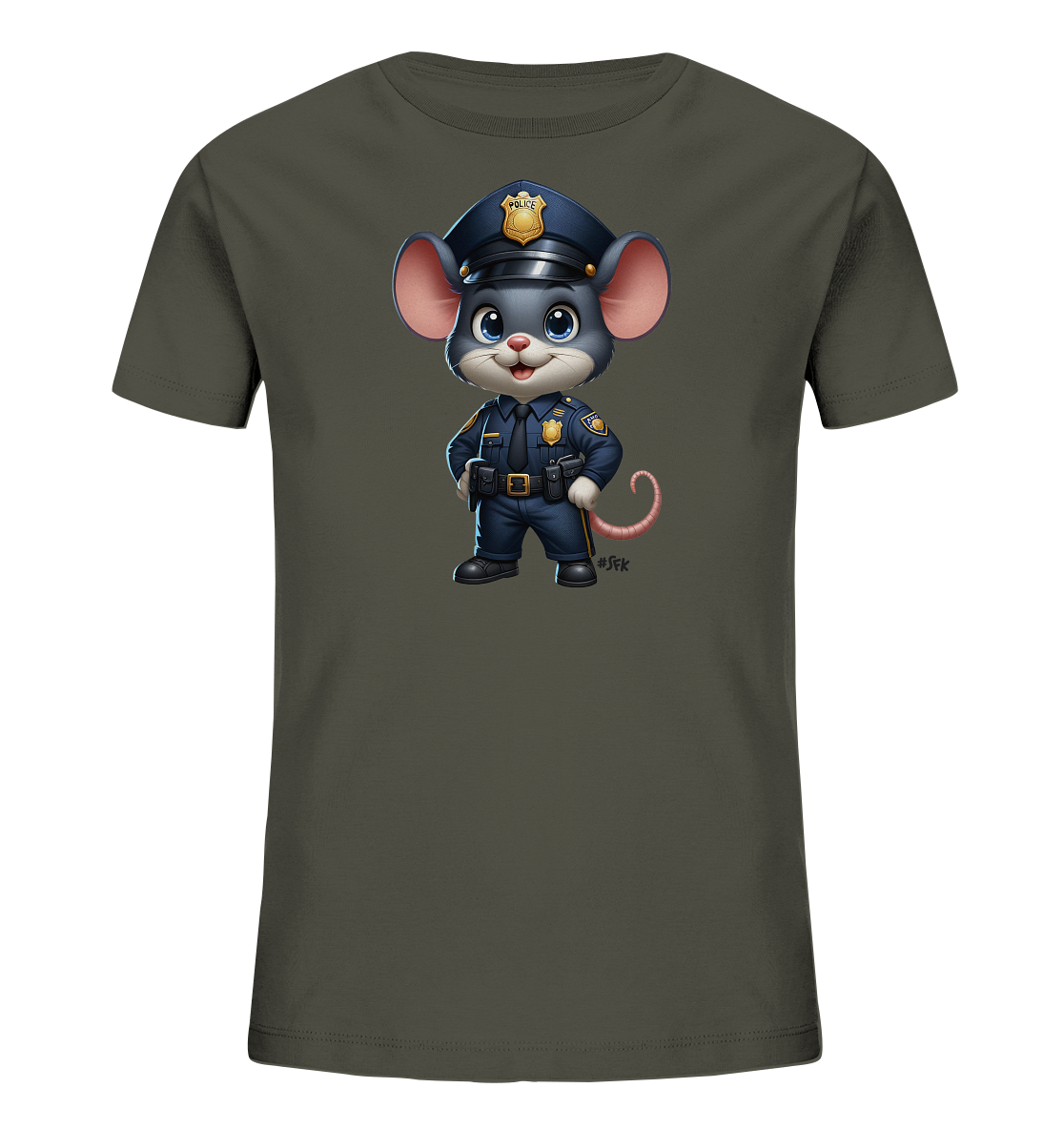 Onlineshop Shirts für Kinder - Das Bild zeigt ein dunkelgraues T-Shirt für Kinder. Auf der Vorderseite ist eine detaillierte Illustration einer cartoonhaften Maus zu sehen, die eine Polizeiuniform trägt. Die Maus steht aufrecht mit den Händen in den Seiten und hat einen freundlichen Ausdruck. Die Uniform umfasst eine Mütze, Abzeichen, Gürtel und ist farblich akzentuiert dargestellt. Eine kleine Signatur oder ein Hashtag "#SFK" ist unten rechts neben dem Schwanz platziert.
