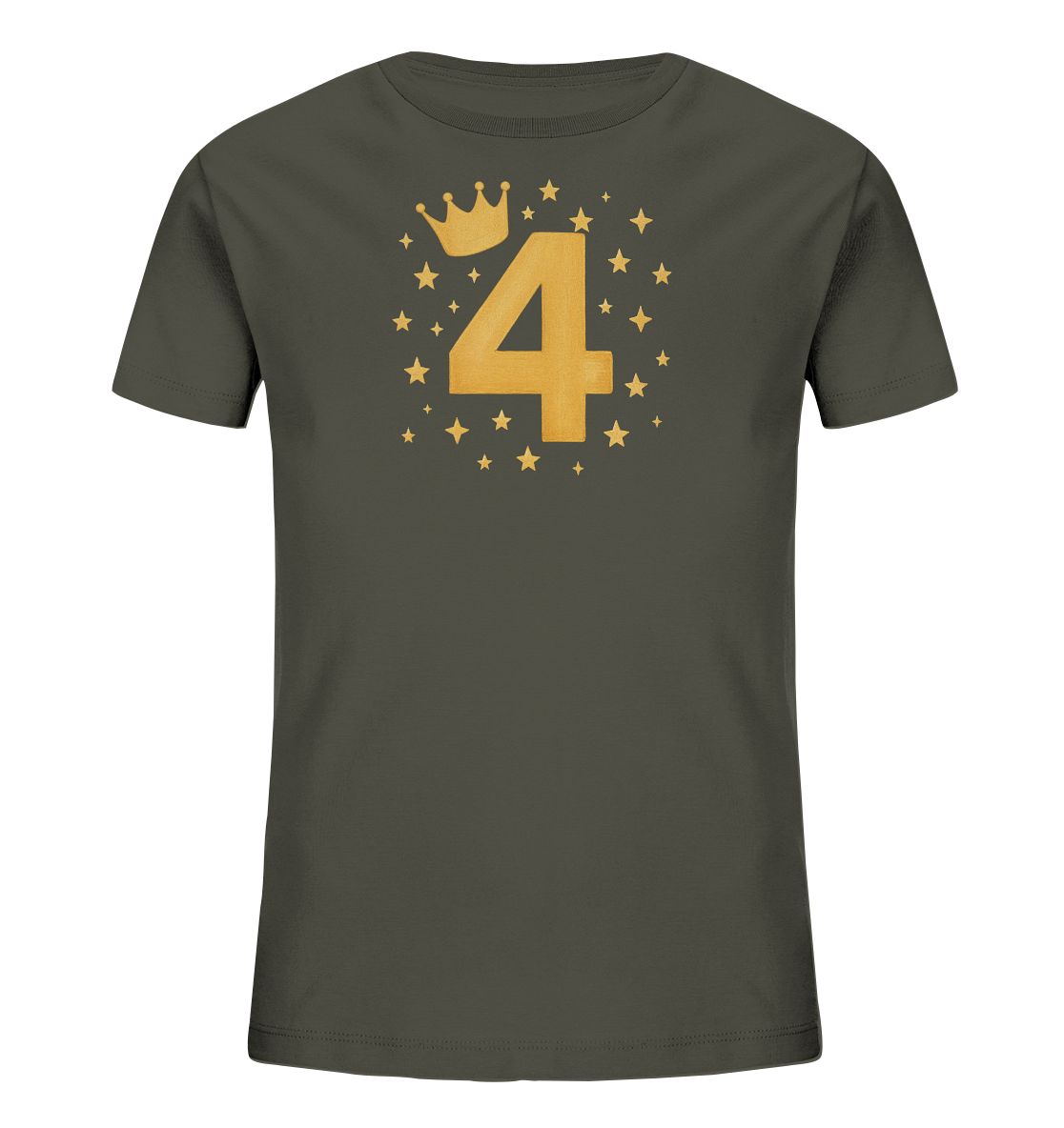 Onlineshop Shirts fuer Kinder - Das Bild zeigt ein dunkelgraues Kinder-T-Shirt mit einem grossen Grafikdruck auf der Vorderseite. Die Grafik besteht aus der Zahl '4', einer Krone und vielen Sternen. Alle Elemente sind in einem glaenzenden Goldton gehalten. Das Design wirkt festlich und froehlich.