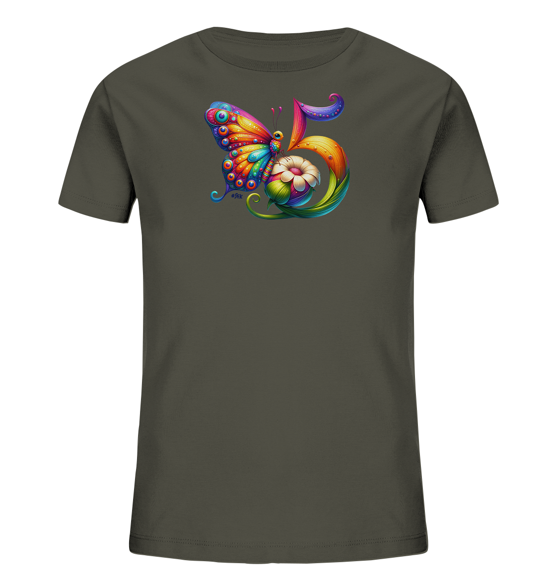 Onlineshop Shirts fuer Kinder - Das Bild zeigt ein dunkelgraues T-Shirt fuer Kinder mit einem auffaelligen, farbenfrohen Motiv. Ein detaillierter Schmetterling mit bunten Fluegeln sitzt auf einer Blume. Dahinter ist die Zahl '5' kunstvoll in warmen Farbtoenen und geschwungenen Formen dargestellt. Das Design ist froehlich und lebendig, ideal fuer ein Kinderoutfit.
