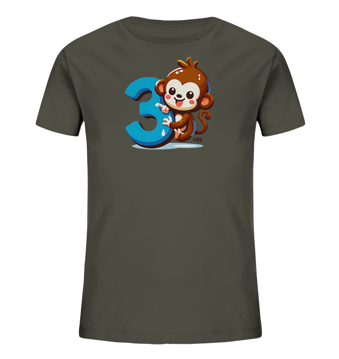 Onlineshop Shirts fuer Kinder - Das Bild zeigt ein dunkelgraues T-Shirt fuer Kinder. Auf der Vorderseite ist eine niedliche Cartoon-Illustration eines Affen zu sehen, der neben einer grossen blauen Zahl '3' sitzt. Der Affe hat einen freundlichen Ausdruck. Dieses Design ist verspielt und farbenfroh.