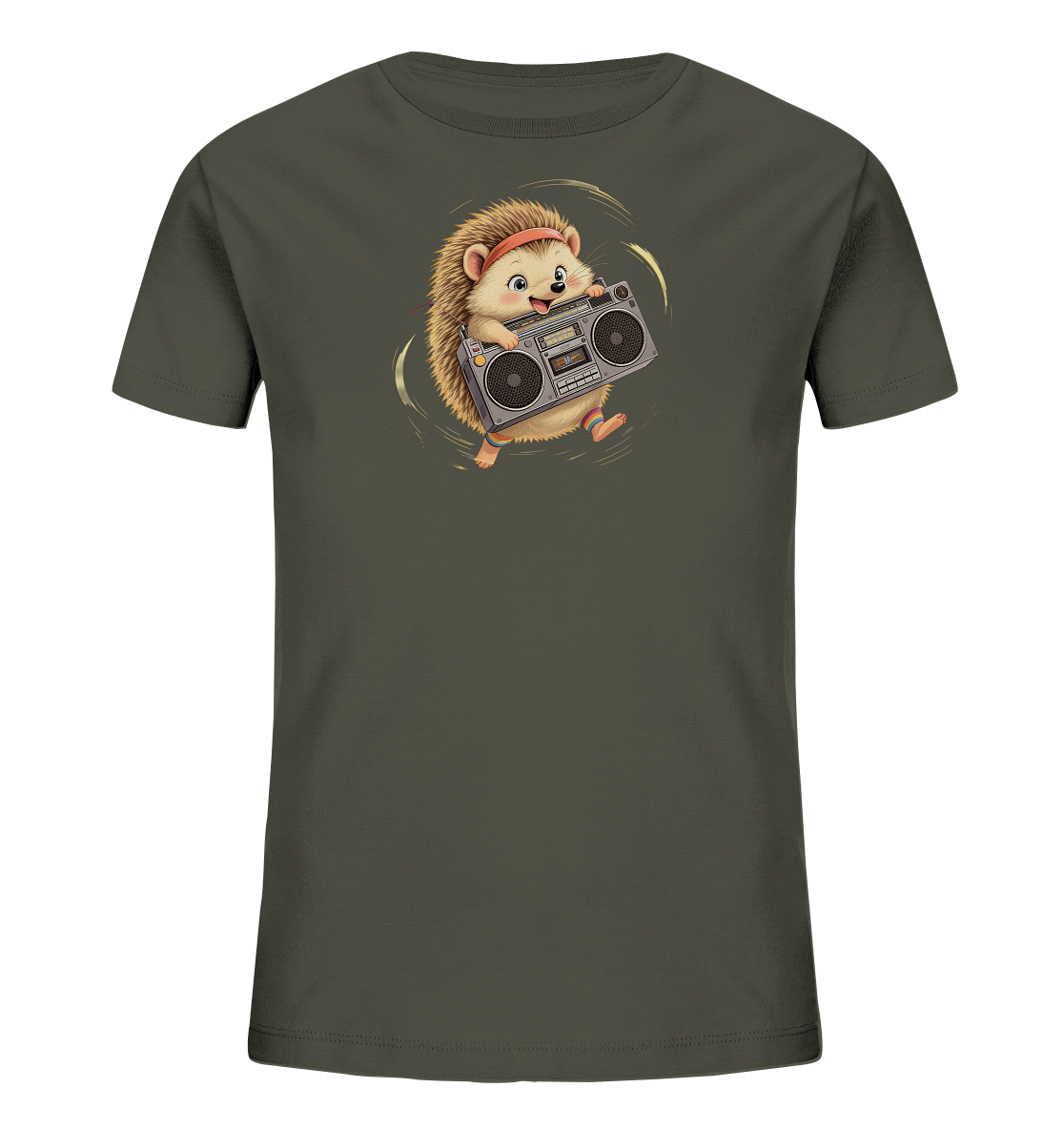 Onlineshop Shirts fuer Kinder - Das Bild zeigt ein dunkelgruenes Kinder-T-Shirt mit einem niedlichen Igel-Motiv auf der Vorderseite. Der Igel traegt ein rotes Stirnband und bunte Armbaender, waehrend er eine klassische Boombox haelt. Um den Igel herum sind goldene, schwebende Linien dargestellt, die das Design dynamisch wirken lassen. Das Motiv verleiht dem T-Shirt einen froehlichen und verspielten Charakter.