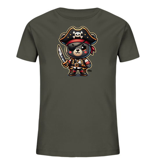 Onlineshop Shirts fuer Kinder - Das Bild zeigt ein dunkelgraues Kinder-T-Shirt mit einem grossen Frontdruck eines niedlichen Cartoon-Baeren. Der Baer ist als Pirat gekleidet, traegt eine Augenklappe, ein Piratenhut mit Totenkopf und haelt einen Saebel. Die Illustration ist detailreich und farbenfroh, ideal fuer kleine Abenteurer.