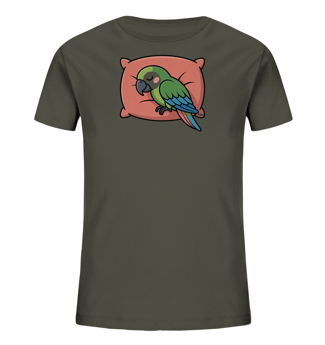 Onlineshop Shirts fuer Kinder - Das Bild zeigt ein dunkelgraues T-Shirt fuer Kinder. Auf der Vorderseite ist ein schlafender, gruener Papagei dargestellt, der auf einem rosafarbenen Kissen liegt. Der Vogel hat blaue Fluegel und geschlossene Augen, was eine ruhige Szene erzeugt. Das Motiv verleiht dem Shirt eine friedliche und niedliche Ausstrahlung.