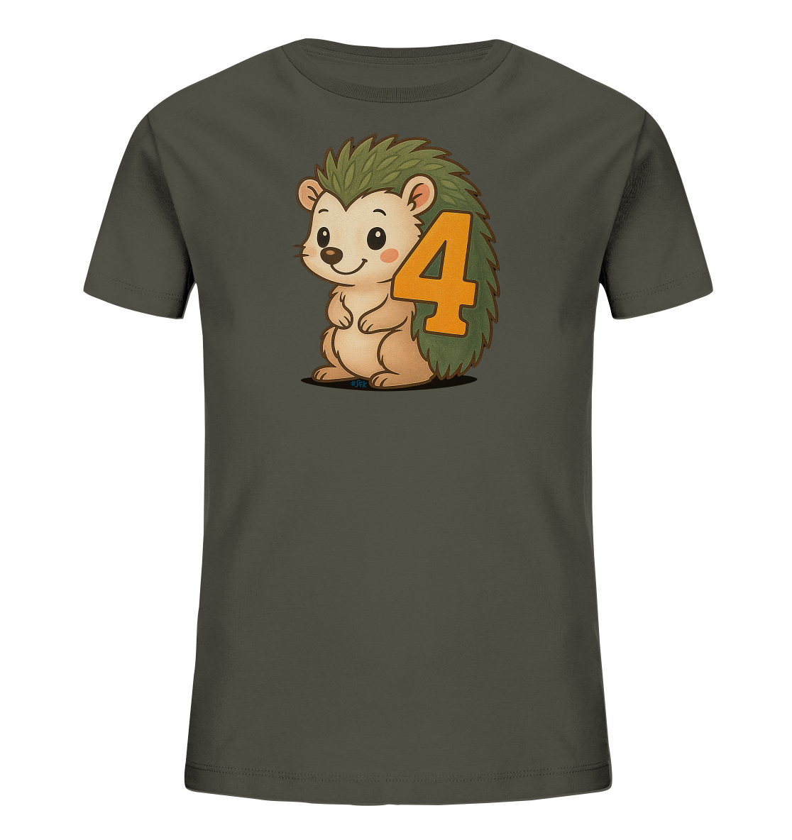 Onlineshop Shirts fuer Kinder - Dieses dunkelgraue T-Shirt fuer Kinder zeigt ein niedliches, cartoonhaftes Igelmotiv auf der Vorderseite. Der kleine Igel sitzt aufrecht und laechelt, sein gruenes Stachelkleid traegt eine grosse orangefarbene Zahl '4'. Das Design ist verspielt und farbenfroh, perfekt fuer Kinder, die ihren vierten Geburtstag feiern oder einfach Igel moegen.