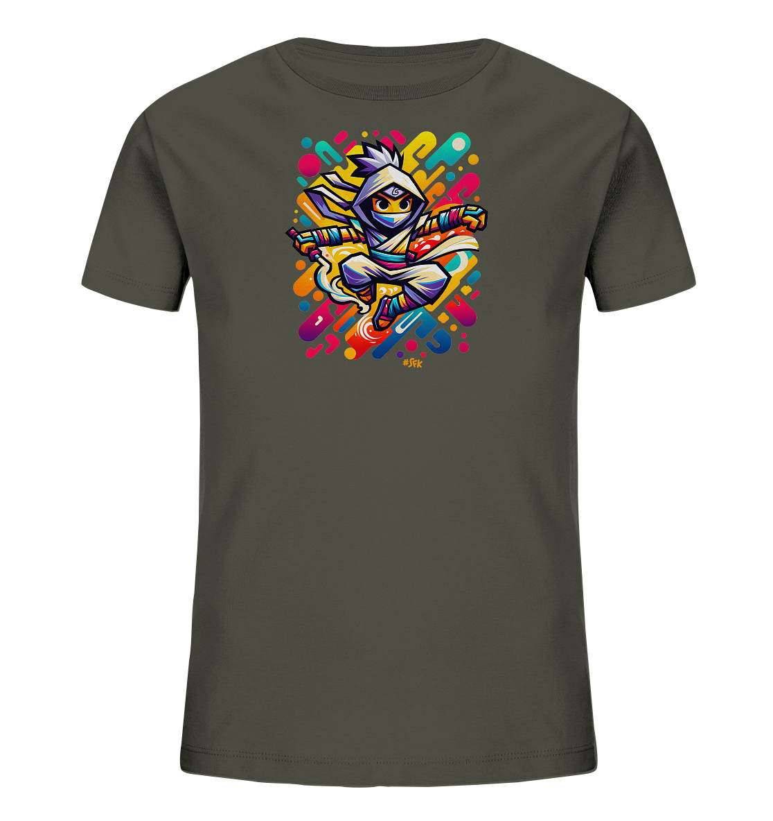 Onlineshop Shirts fuer Kinder - Das Bild zeigt ein dunkelgraues Kinder-T-Shirt mit einem dynamischen, farbenfrohen Motiv auf der Vorderseite. Zu sehen ist ein cartoonartiger Charakter im Ninja-Stil, der vor einem abstrakten Hintergrund aus leuchtenden Farbflecken und Formen springt. Die Darstellung ist in kraeftigen Farben mit deutlichen Konturen gehalten. Das gesamte Design wirkt actionreich und auffaellig.