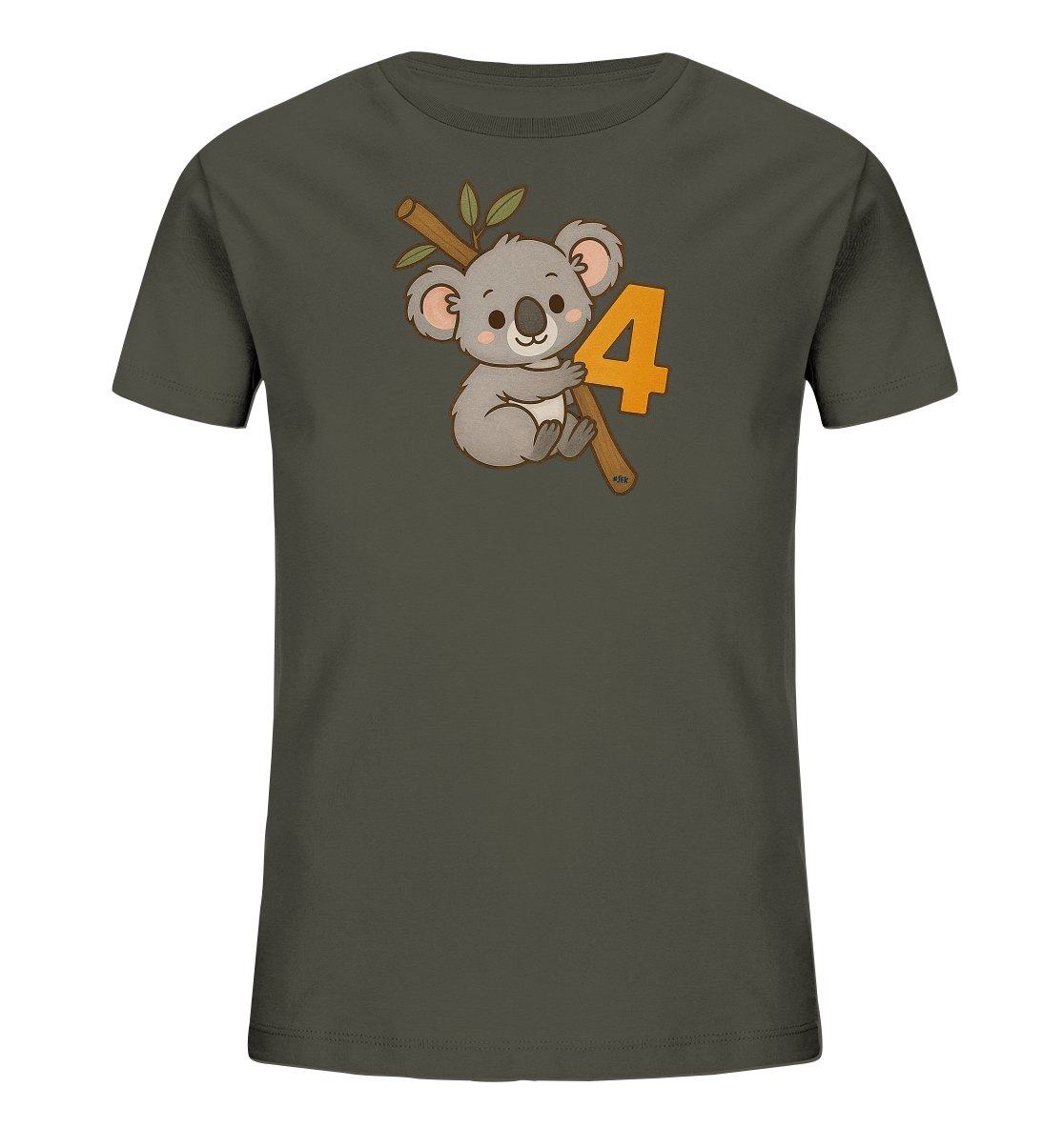 Onlineshop Shirts fuer Kinder - Das dunkelgraue T-Shirt zeigt eine niedliche, cartoonhafte Koala-Illustration. Der Koala sitzt auf einem Ast mit Blaettern. Neben dem Koala ist eine grosse orangefarbene Zahl Vier abgebildet. Das Motiv wirkt verspielt und ansprechend fuer Kinder.