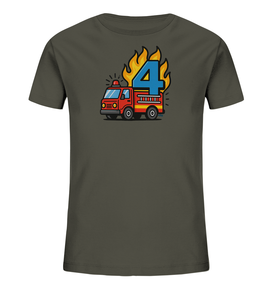 Onlineshop Shirts fuer Kinder - Das Bild zeigt ein olivgruenes Kinder-T-Shirt. Auf der Vorderseite ist eine Illustration eines roten Feuerwehrautos mit blauen Lichtern und Siren. Hinter dem Feuerwehrauto sind gelbe und orangefarbene Flammen zu sehen. Mitten in den Flammen prangt eine grosse, blaue Zahl 4.