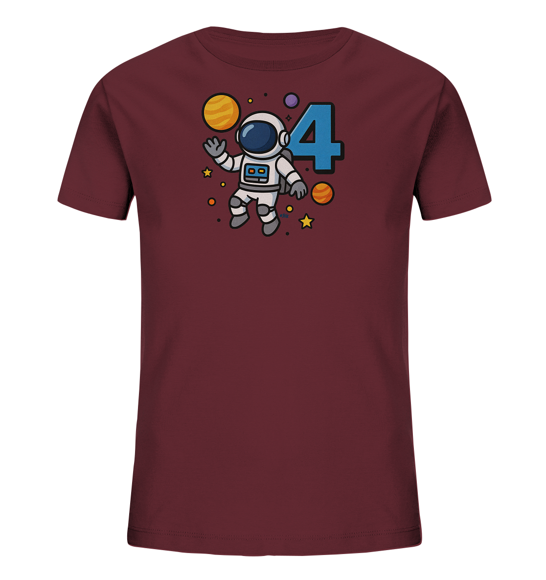 Onlineshop Shirts fuer Kinder - Dieses T-Shirt in Dunkelrot zeigt eine verspielte Weltraumgrafik. Im Zentrum schwebt ein freundlicher Cartoon-Astronaut umgeben von Planeten, Sternen und Punkten. Daneben ist die Zahl '4' prominent in Blau dargestellt. Das Design ist ansprechend und ideal fuer kleine Entdecker.