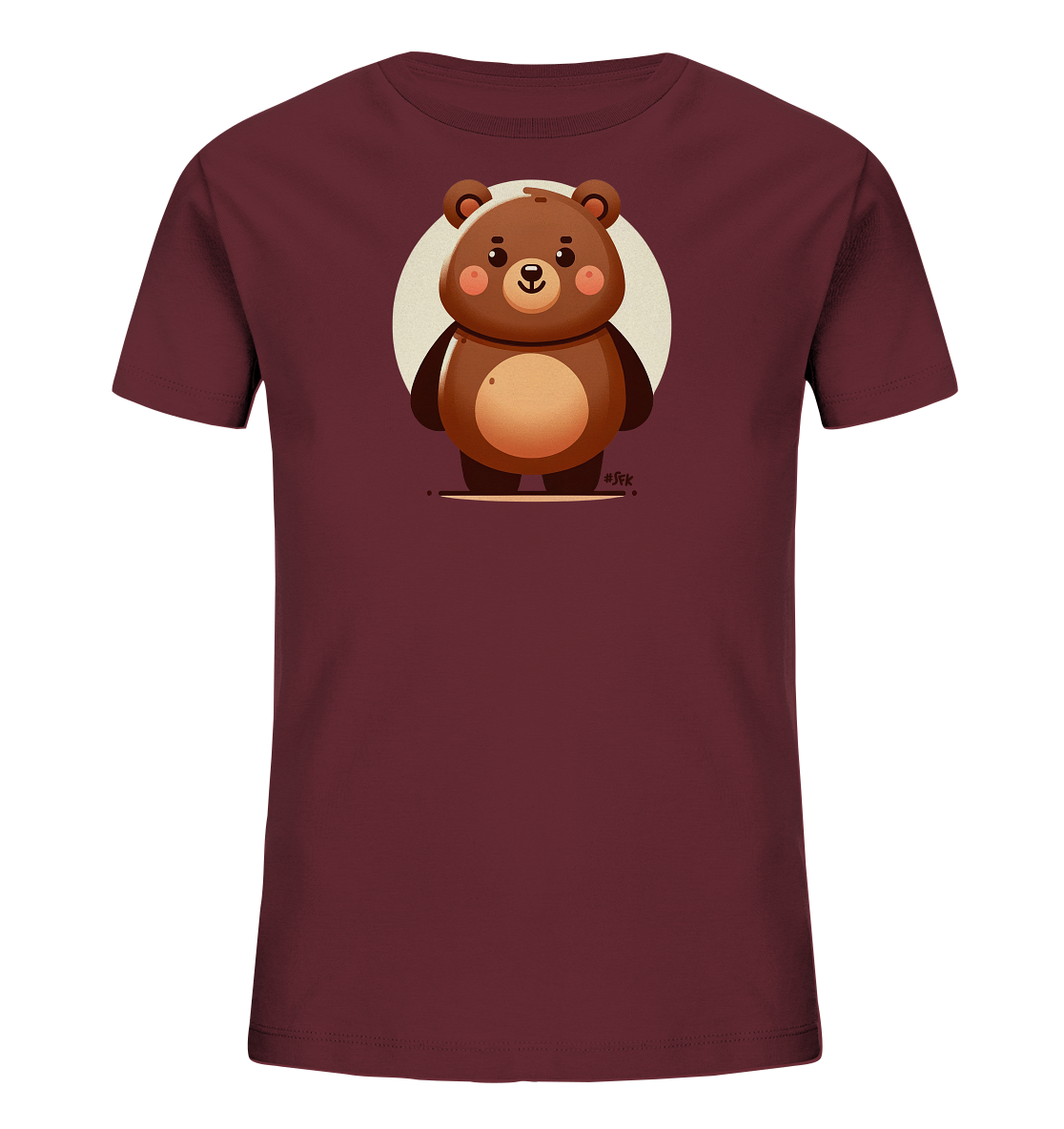 Onlineshop Shirts fuer Kinder - Das Bild zeigt ein dunkelrotes Kinder-T-Shirt. Auf der Vorderseite ist eine niedliche, cartoonartige Illustration eines braunen Baeren zu sehen. Der Baer steht in der Mitte, laechelt und hat rosa Wangen, vor einem hellen Kreis. Das Design wirkt verspielt und ansprechend.