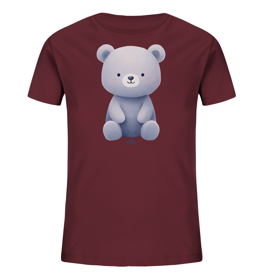 Onlineshop Shirts fuer Kinder - Das Bild zeigt ein dunkelrotes T-Shirt fuer Kinder. Auf der Vorderseite ist ein suesser Cartoon-Baer in Hellblau/Grau abgebildet. Der Baer sitzt aufrecht und laechelt freundlich. Dieses Design ist zentral auf dem Shirt platziert und wirkt neutral.
