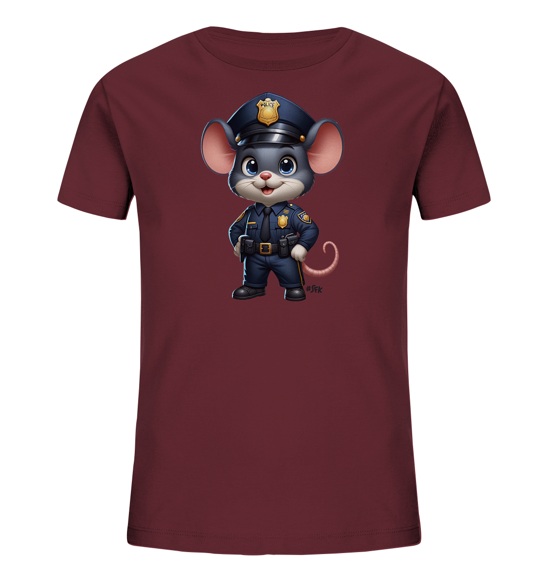 Onlineshop Shirts für Kinder - Das Bild zeigt ein Kinder-T-Shirt in einem dunklen Rotton, ähnlich Burgunderrot oder Bordeauxrot. Auf der Vorderseite ist eine Illustration einer niedlichen Cartoon-Maus in einer Polizeiuniform abgebildet. Die Maus trägt eine blaue Uniform mit goldenen Abzeichen, einem Gürtel und einer Polizeimütze. Die Augen der Maus sind groß und blau, und sie hat einen freundlichen Ausdruck, was dem Design einen verspielten und ansprechenden Charakter für Kinder verleiht.