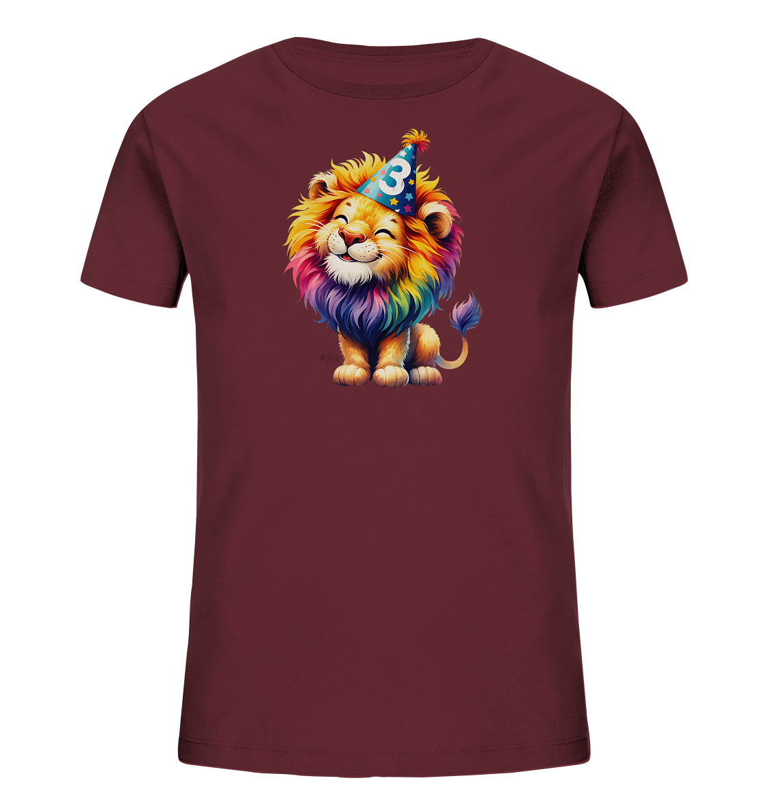 Kinder T-Shirt – Glücklicher bunter Löwe wird Drei