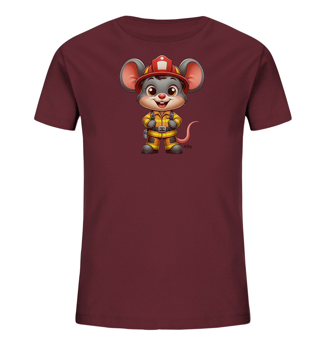 Onlineshop Shirts fuer Kinder - Das Bild zeigt ein bordeauxrotes T-Shirt mit einem suessen Aufdruck einer Maus. Die Maus ist als Feuerwehrmann gekleidet, mit rotem Helm und gelber Uniform. Sie steht laechelnd in einer aufrechten Pose auf dem Shirt. Das Design wirkt detailreich und spricht kleine Feuerwehr-Fans an.