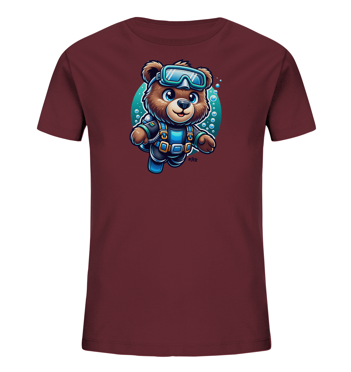 Onlineshop Shirts fuer Kinder - Das Bild zeigt ein dunkelrotes T-Shirt mit einem niedlichen Motiv eines tauchenden Baeren. Der Baer traegt Taucherbrille und Ausruestung und laechelt freundlich. Er schwimmt in einem ovalen, aquamarinblauen Bereich, umgeben von Luftblasen. Das Design ist farbenfroh und im Cartoon-Stil gehalten.