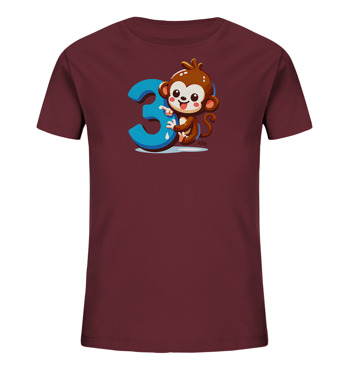 Onlineshop Shirts fuer Kinder - Das Bild zeigt ein dunkelrotes Kinder-T-Shirt mit einem froehlichen Cartoon-Affen. Der Affe haelt sich an einer grossen, blauen Zahl '3' fest und laechelt. Das Design wirkt verspielt und ist ideal fuer kleine Kinder.