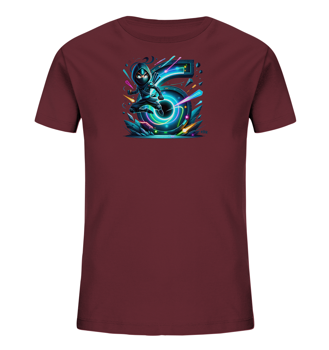 Onlineshop Shirts fuer Kinder - Das Bild zeigt ein dunkelrotes T-Shirt mit einem farbenfrohen und dynamischen Motiv auf der Vorderseite. Im Zentrum des Designs steht ein cartoonartiger Ninja in einer actionreichen Pose. Hinter dem Ninja befindet sich eine grosse, leuchtende Zahl '6', umgeben von neonartigen Effekten und abstrakten Formen in verschiedenen Farben. Das Gesamtbild wirkt modern und energiegeladen.