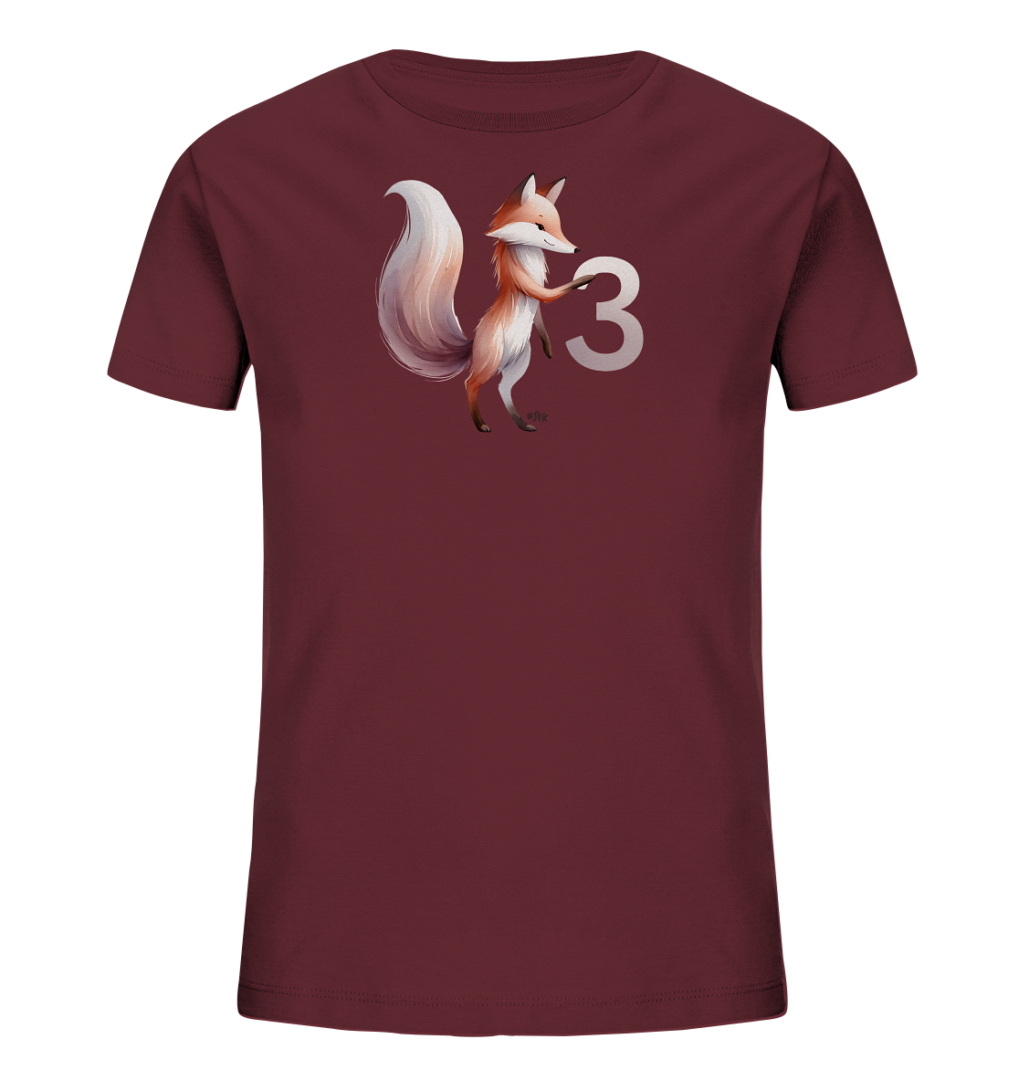 Onlineshop Shirts fuer Kinder - Das Bild zeigt ein weinrotes T-Shirt fuer Kinder mit einem aufgedruckten Motiv. Zentral auf der Vorderseite ist ein stehender, freundlich blickender Fuchs mit einem buschigen Schwanz abgebildet. Der Fuchs beruehrt mit einer Pfote die grosse, silbrig-weisse Zahl '3', die neben ihm platziert ist. Das Design ist ansprechend und verspielt.
