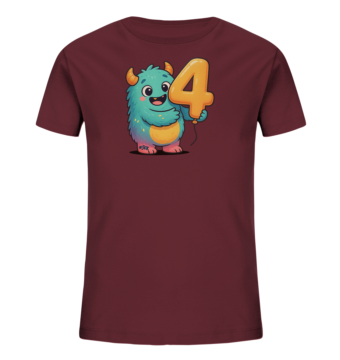 Onlineshop Shirts fuer Kinder - Das Bild zeigt ein dunkelrotes Kinder-T-Shirt mit einem bunten Cartoon-Monster-Motiv. Das froehliche Monster ist blau-tuerkis mit orangefarbenen Hoernern und haelt einen grossen, orangefarbenen Ballon in Form der Zahl vier. Das Design ist mittig auf der Vorderseite des Shirts platziert und wirkt lebendig. Es ist ein ansprechendes Motiv fuer Kinder.