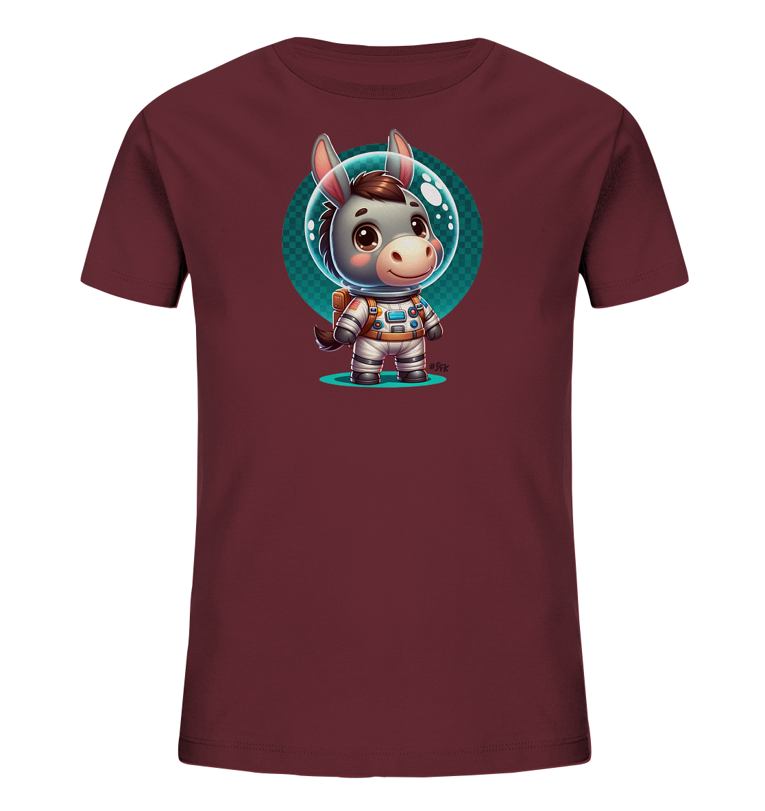 Onlineshop Shirts fuer Kinder - Das Bild zeigt ein bordeauxrotes Kinder-T-Shirt. Darauf ist eine Illustration eines niedlichen Esels in einem Astronautenanzug zu sehen. Der Esel traegt einen Helm mit klarem Visier vor einem tuerkisfarbenen Hintergrund. Das Motiv wirkt freundlich und verspielt.