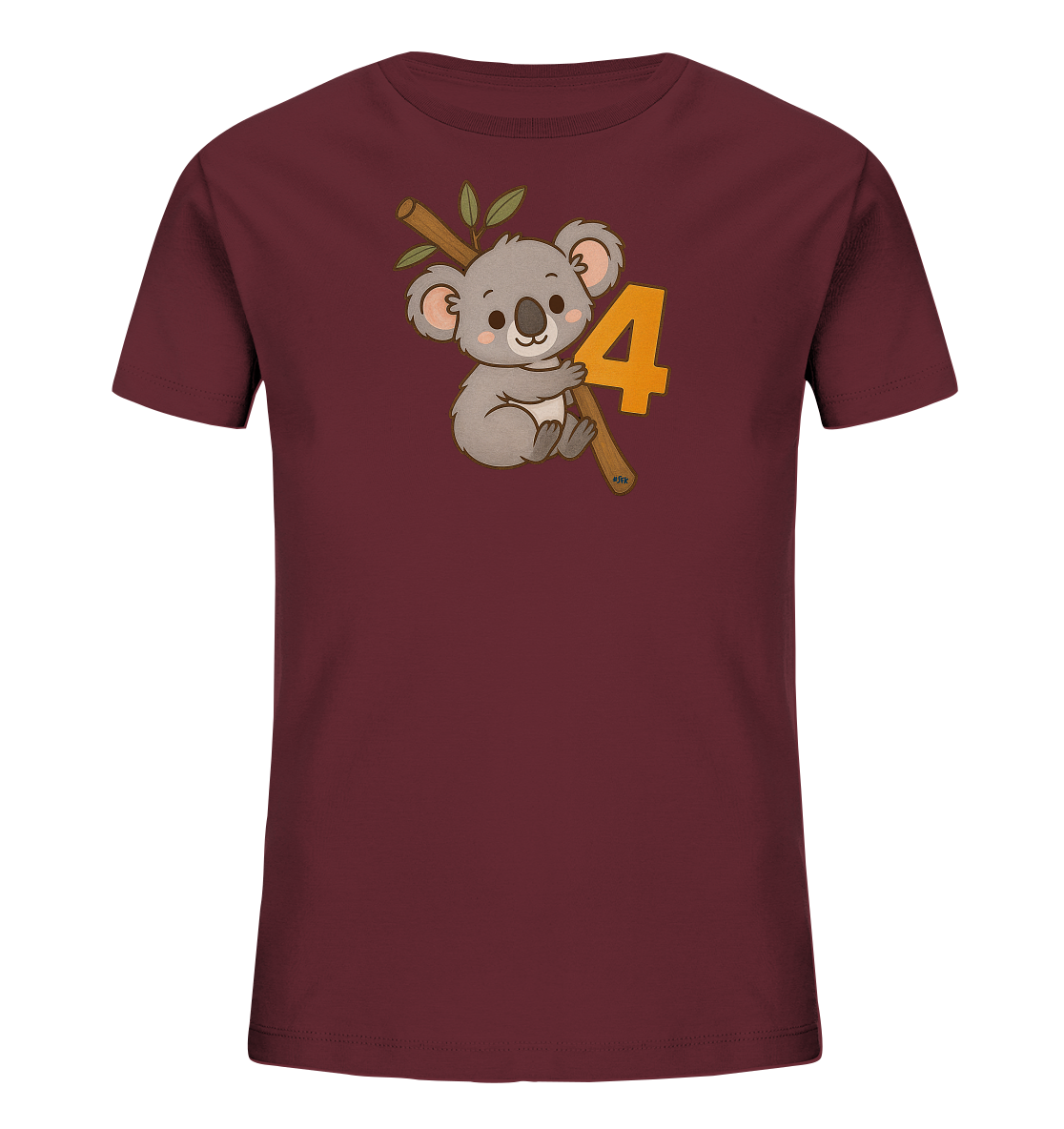 Onlineshop Shirts fuer Kinder - Das Bild zeigt ein dunkelrotes T-Shirt fuer Kinder. Auf der Vorderseite ist ein niedlicher Koala abgebildet, der an einem Ast mit Blaettern haengt. Neben dem Koala befindet sich die Zahl 4 in einem leuchtenden Gelb-Orange-Ton. Das Motiv ist im Cartoon-Stil gehalten und wirkt freundlich.