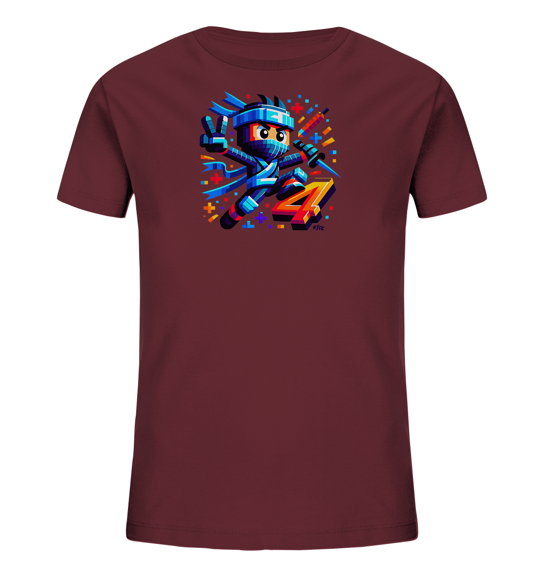 Onlineshop Shirts fuer Kinder - Das Bild zeigt ein dunkelrotes Kinder-T-Shirt mit einem bunten Aufdruck. Der Aufdruck zeigt einen springenden Comic-Ninja in blauer Kleidung, der eine Friedensgeste macht und ein Schwert haelt. Neben dem Ninja ist eine grosse, stilisierte Zahl '4' in warmen Toenen platziert. Bunte, pixelartige Elemente umgeben das Motiv und verleihen ihm einen lebendigen Look.