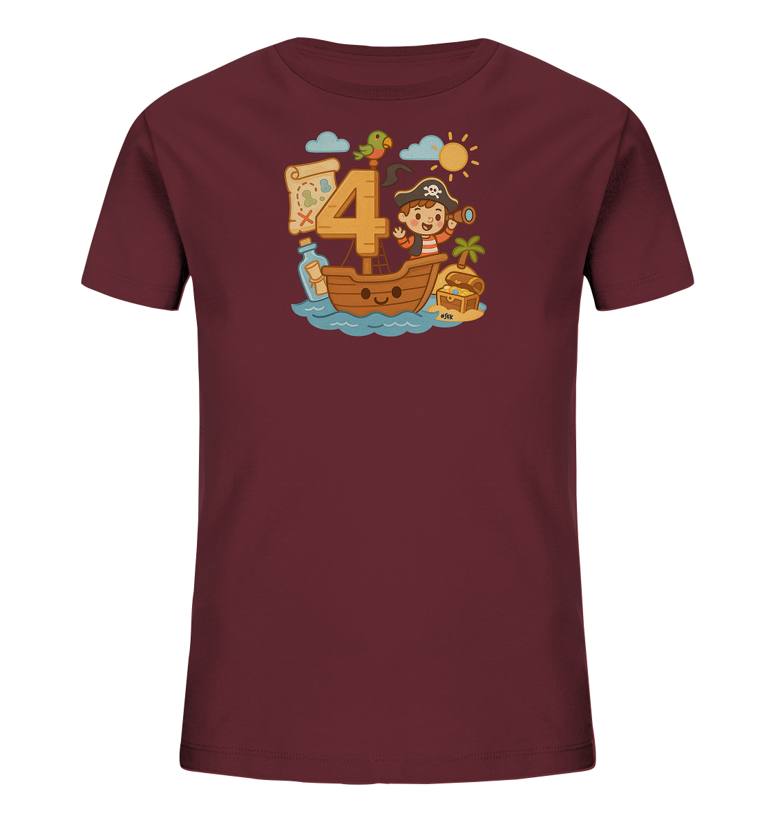 Onlineshop Shirts fuer Kinder - Das Bild zeigt ein dunkelrotes Kinder-T-Shirt mit einem detailreichen Piraten-Design. Im Zentrum des Motivs dient die Zahl '4' als Mast eines Segelboots, auf dem ein kleiner Pirat steht. Begleitende Elemente wie eine Schatzkarte, ein Papagei und eine Schatzkiste vervollstaendigen die Szene auf dem Wasser und einer kleinen Insel. Dieses bunte Motiv ist fantasievoll und spricht kleine Abenteurer an.
