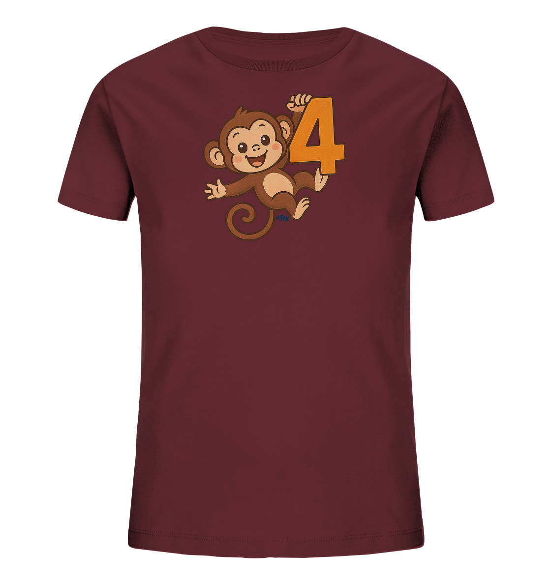 Onlineshop Shirts fuer Kinder - Das Bild zeigt ein dunkelrotes Kinder-T-Shirt mit einem lustigen Motiv auf der Vorderseite. Ein brauner Cartoon-Affe haelt sich an einer grossen, orangefarbenen Zahl '4' fest und lacht. Der Affe hat einen langen, geringelten Schwanz und wirkt sehr lebhaft. Das Design ist ein einfacher Frontprint auf dem Shirt.