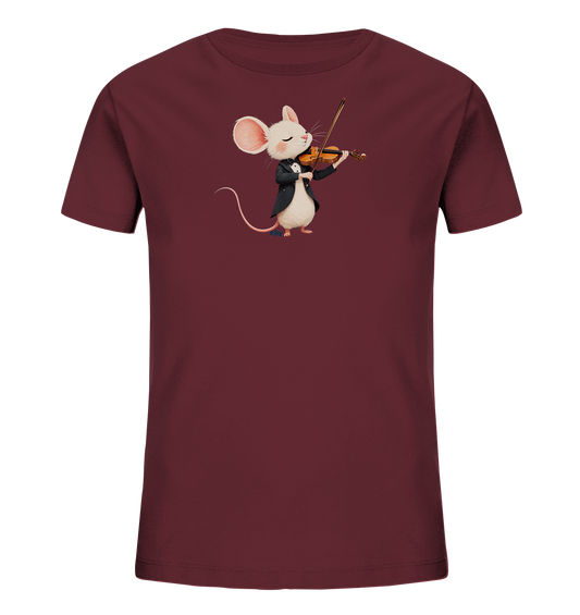 Onlineshop Shirts fuer Kinder - Das Bild zeigt ein burgunderfarbenes Kinder-T-Shirt. Auf der Vorderseite ist eine entzueckende weisse Maus abgebildet, die in einem schwarzen Anzug gekleidet ist und Violine spielt. Die Maus hat die Augen geschlossen und grosse Ohren, was ihr einen vertraeumten Ausdruck verleiht. Das Design ist verspielt und musikalisch.