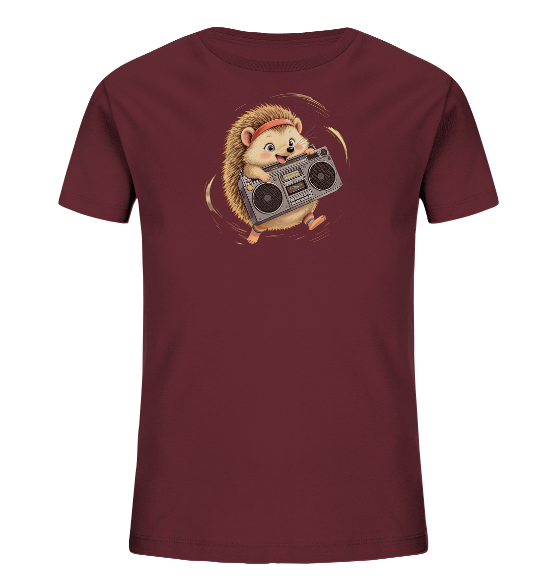 Onlineshop Shirts fuer Kinder - Das Bild zeigt ein burgunderrotes Kinder-T-Shirt mit einem farbenfrohen Aufdruck. Ein freundlich blickender Igel mit rotem Stirnband haelt einen silbernen Ghettoblaster. Leichte goldene Wirbel umgeben die Figur und deuten Bewegung an. Das Motiv ist detailreich und verspielt gestaltet.