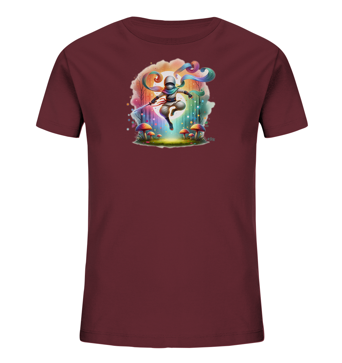 Onlineshop Shirts fuer Kinder - Das Bild zeigt ein dunkelrotes Kinder-T-Shirt mit einer lebendigen Illustration auf der Vorderseite. Die Illustration zeigt eine dynamische Figur in einem weissen Outfit mit einem bunten, fliessenden Schal, die ueber einem maerchenhaften Boden schwebt. Die Szene ist von grossen, farbenfrohen Pilzen und einer leuchtenden Hintergrundkulisse mit Baeumen umgeben. Dieses kuenstlerische Design verleiht dem Shirt eine fantasievolle und energiegeladene Ausstrahlung.