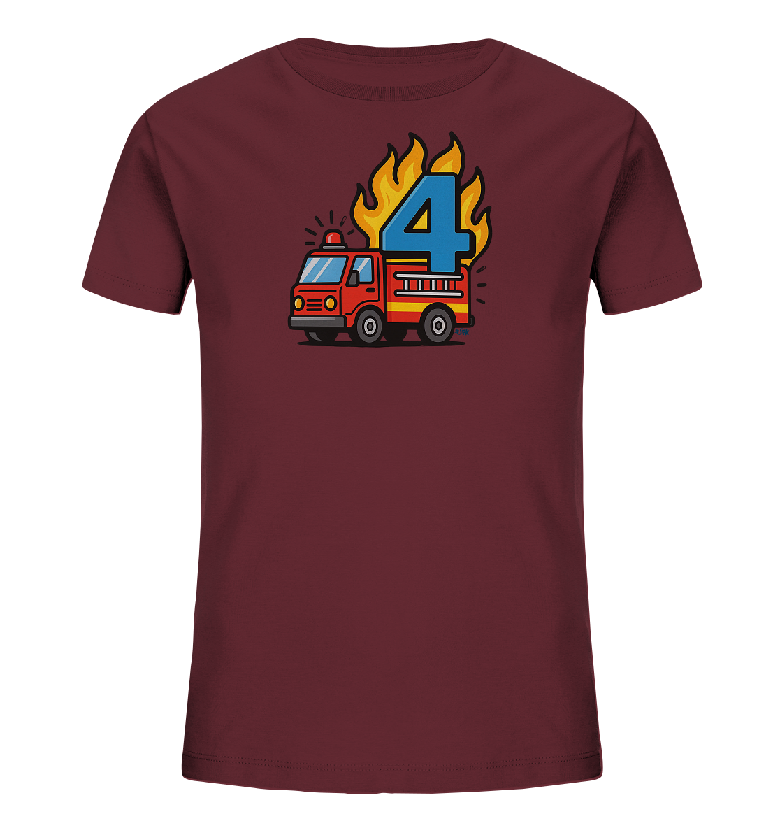 Onlineshop Shirts fuer Kinder - Das Bild zeigt ein dunkelrotes Kinder-T-Shirt mit einem farbigen Motiv auf der Vorderseite. Zu sehen ist ein rotes Feuerwehrauto, ueber dem die blaue Zahl '4' dargestellt ist. Die Zahl wird von stilisierten gelb-orangen Flammen umgeben, was dem Design einen dynamischen Look verleiht.