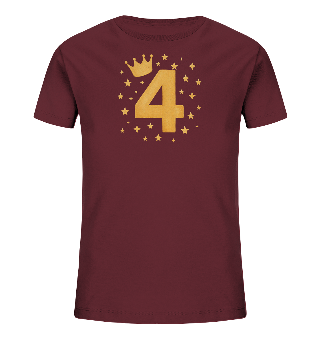 Onlineshop Shirts fuer Kinder - Das Bild zeigt ein dunkelrotes T-Shirt fuer Kinder. Auf der Vorderseite befindet sich ein goldener Aufdruck mit einer grossen Zahl "4". Über der Zahl ist eine kleine Krone platziert, umgeben von goldenen Sternen. Dieses Design wirkt festlich und verspielt.
