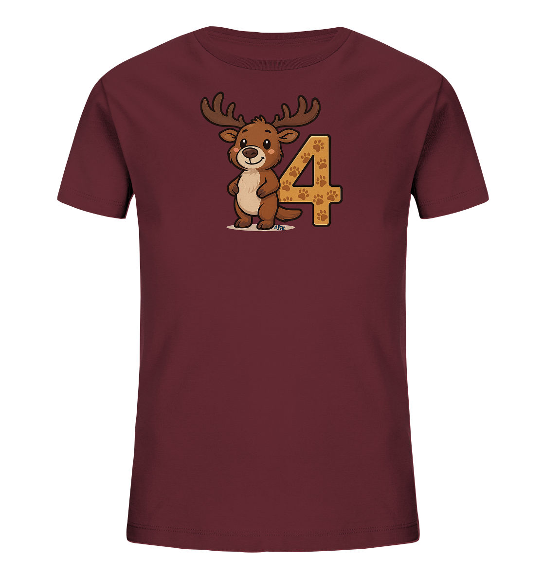 Onlineshop Shirts fuer Kinder - Das Bild zeigt ein weinrotes T-Shirt fuer Kinder. Auf der Vorderseite ist eine suesse Illustration eines Elches oder Rentiers zu sehen. Das Tier steht neben einer grossen Zahl 4, die mit Pfotenabdruecken gefuellt ist.