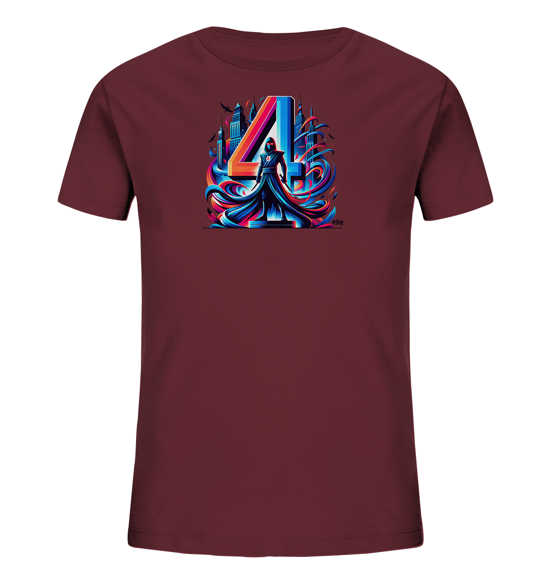 Onlineshop Shirts fuer Kinder - Das Bild zeigt ein weinrotes Kinder-T-Shirt mit einem dynamischen Motiv auf der Vorderseite. Im Zentrum steht eine grosse, farbige Zahl Vier, umrahmt von fliessenden Formen in Blau und Orange. Davor befindet sich eine stilisierte Figur in einem Umhang, hinter der eine Stadtkulisse mit fliegenden Voegeln zu sehen ist. Das Design wirkt modern und auffaellig.