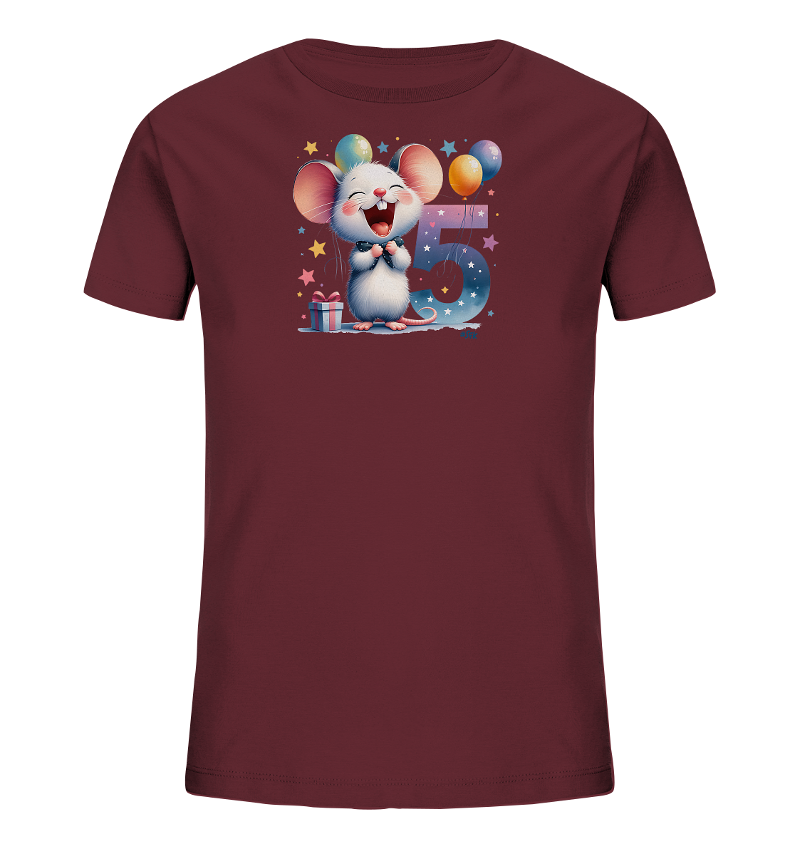 Onlineshop Shirts fuer Kinder - Das Bild zeigt ein weinrotes Kinder-T-Shirt mit einem Motiv einer lachenden Maus. Neben der Maus ist eine grosse Zahl Fuenf zu sehen, umgeben von Sternen. Bunte Ballons und ein kleines Geschenk ergaenzen das verspielte Design. Das gesamte Motiv wirkt froehlich und feierlich, passend fuer einen Geburtstag.