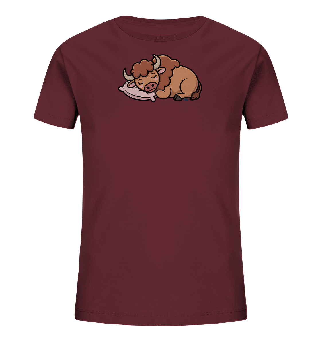 Onlineshop Shirts fuer Kinder - Das Bild zeigt ein bordeauxrotes Kinder-T-Shirt. Auf der Vorderseite ist eine niedliche, cartoonartige Illustration eines schlafenden Bueffels zu sehen. Das Tier liegt friedlich auf einem hellrosa Kissen, die Augen geschlossen. Das Design wirkt ruhig und ansprechend.