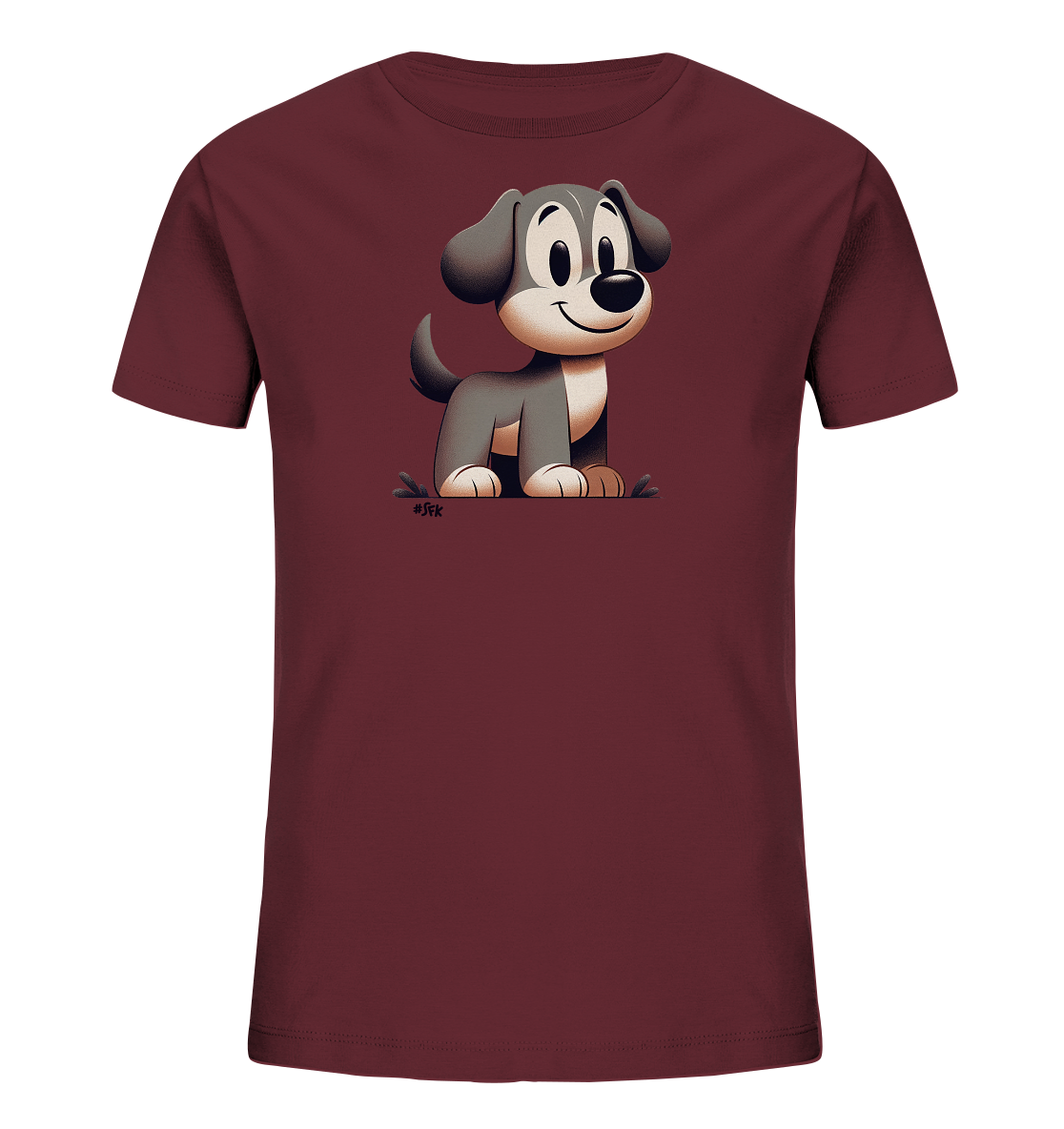 Onlineshop Shirts fuer Kinder - Das Bild zeigt ein dunkelrotes Kinder-T-Shirt mit einem Cartoon-Hundemotiv auf der Vorderseite. Der Hund ist grau mit beigen Akzenten, sitzt aufrecht und hat ein freundliches Laecheln. Die Illustration ist detailreich und farblich abgestimmt. Das Design ist verspielt und ansprechend fuer Kinder.