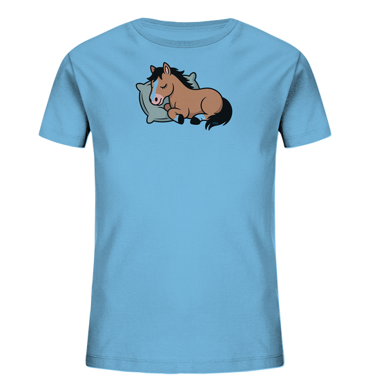 Schlafendes braunes Pferd auf hellem Kissen – Kinder-T-Shirt Vorderseite