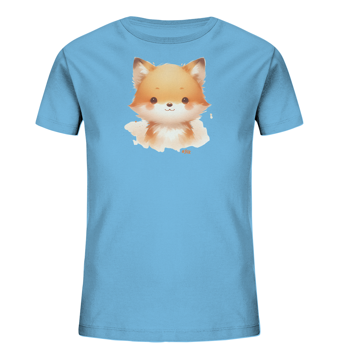 Onlineshop Shirts fuer Kinder - Das Bild zeigt ein hellblaues T-Shirt fuer Kinder mit einem niedlichen Fuchs-Motiv. Der Kopf des Fuchses ist in einem weichen, gemalten Stil dargestellt, mit orange-weissem Fell und einem freundlichen Gesichtsausdruck. Dieses Design verleiht dem Shirt einen charmanten und verspielten Look, ideal fuer Kinder.